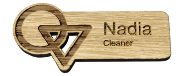 Custom shaped engraved wooden name badges - A custom shaped real wood name badge | www.namebadgesinternational.co.uk